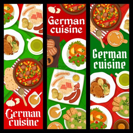 Illustration for German cuisine banners, Bavarian food dishes and meals, vector restaurant menu. German cuisine traditional schnitzel, sauerkraut and bread with beer and pork meat or liverwurst sausages and pretzel - Royalty Free Image