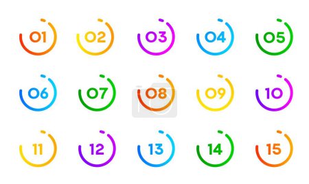 Téléchargez les illustrations : Numérotez les icônes de point 1 à 15, les boutons de cercle vectoriel pour l'infographie ou la liste d'informations. Nombre de puces pour le marqueur de page de présentation dans des cadres ronds en dégradé de couleur ou en cercle - en licence libre de droit