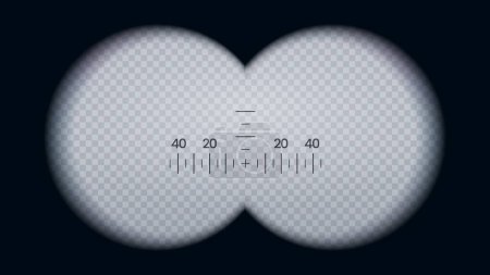 Ilustración de Vista de prismáticos, montura vectorial aislada en forma de gafas para observación o espionaje de objetos distantes con lente circular y escala de medición de enfoque. Dispositivo de visión óptica para magnificación con escala - Imagen libre de derechos