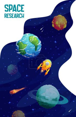 Illustration for Space landing page. Cartoon galaxy planets, stars and spaceship near earth. Cosmos and Universe exploring and investigation vector poster with shuttle flying in sky with colorful solar system objects - Royalty Free Image