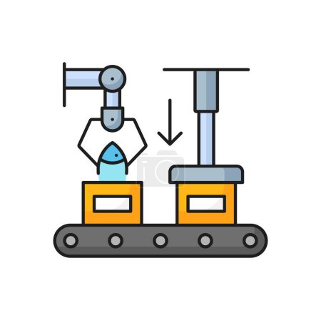 Illustration for Fishing industry factory conveyor belt line icon. Seafood processing and preserved product manufacture, fishing industry equipment outline vector symbol or sign with robotic hand putting fish in box - Royalty Free Image