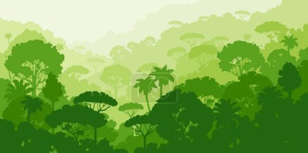 Silueta del bosque selvático, paisaje vectorial tropical con flora exótica, palmeras y colinas. Vegetación de la selva tropical, plantas 2d dibujos animados bosque salvaje parque natural. Ambiente de vida silvestre en colores verdes