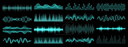 Ilustración de HUD ecualizador ondas de sonido, elementos de interfaz de audio de música, forma de onda de frecuencia vectorial. Onda de sonido de voz HUD o señal de radio ondas digitales de volumen de música y escala de ecualizador de grabación o reproducción - Imagen libre de derechos
