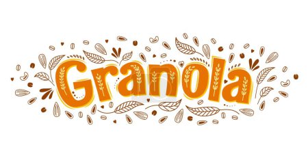 Illustration for Granola oatmeal cereals label for muesli food or oat breakfast, vector. Granola package background for organic healthy meal or grain muesli and porridge, brown and orange granola lettering - Royalty Free Image