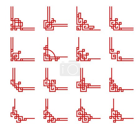 Illustration for Chinese red frames corners and dividers of luck knots, vector geometric borders. Oriental or Chinese Asian ornament frames and corner borders of red lines for dividers and boarders - Royalty Free Image