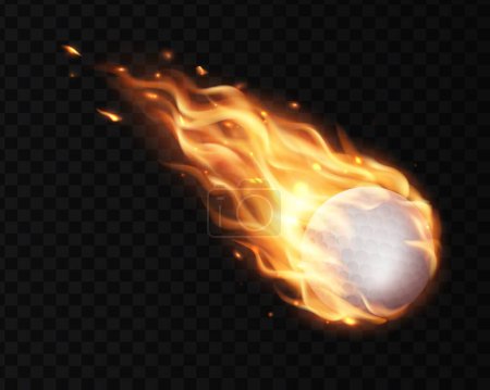 Illustration for Flying white volleyball ball and fire flame trails, vector sport game background. Volleyball or golf ball in speed motion shot with burning fire flames on transparent black for sport championship - Royalty Free Image