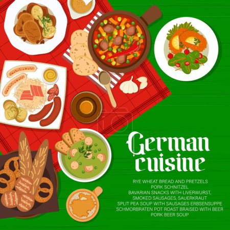 Illustration for German cuisine menu cover with food meals and dishes of Germany, vector. German cuisine restaurant menu with schnitzel, sauerkraut and pork beer, Bavarian sausage liverwurst or leberwurst with pretzel - Royalty Free Image