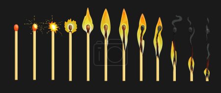 Illustration for Burning match animation, stages of matchstick ignition from whole new to complete combustion and charring vector sprite sheet. Match stick with normal, burning and burnt sulphur cartoon sequence frame - Royalty Free Image