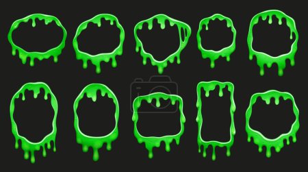 Illustration for Green slime frames, cartoon vector set of borders with liquid toxic flows, dripping poison and viscous goo. Isolated round, square or rectangular frames with fluid mucus drops or sticky ooze splatters - Royalty Free Image