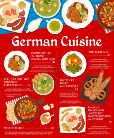 Illustration for German cuisine menu with sauerkraut and pork schnitzel, Germany food for dinner, vector poster. German restaurant food menu with sausage and beer soup, pretzel bread and Bavarian liverwurst - Royalty Free Image