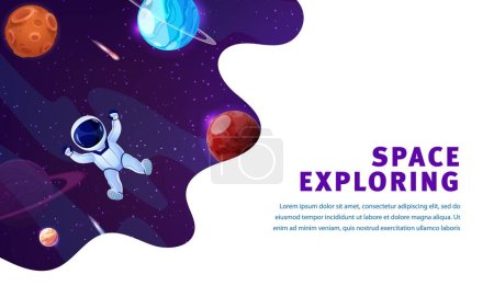 Illustration for Space landing page. Cartoon astronaut in outer space between planets of fantasy galaxy website background. Vector spaceman floating in universe starry sky with fire asteroid and comet, web technology - Royalty Free Image