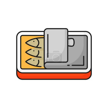 Illustration for Fishing industry canned tuna fish outline icon. Fish food preserves manufacture, seafood industry or offshore fishing craft product outline vector pictogram. Caned sardines thin line sign or icon - Royalty Free Image