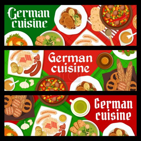 Illustration for German cuisine banners with schnitzel, sauerkraut and bread, Germany dishes and meals food recipe, vector. Germany cuisine dinner with beer and pork meat sausages, Bavarian restaurant menu - Royalty Free Image