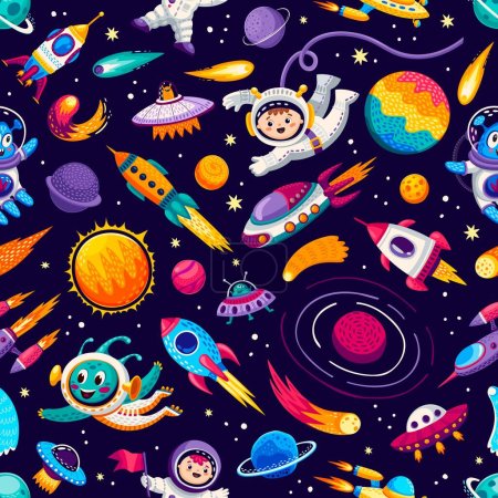 Cartoon kids space and galaxy seamless pattern. Vector cosmic repeated background with funny astronaut, rockets, starships and planet in galaxy or Universe. Tiled wallpaper with cosmonaut and ufo