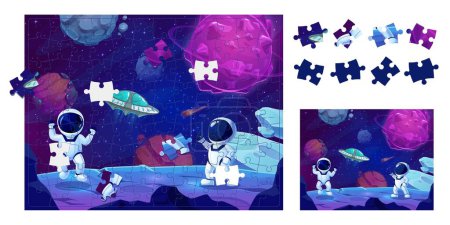 Illustration for Cartoon astronauts on blue space planet jigsaw puzzle game pieces. Vector worksheet of alien galaxy kids quiz, fantasy space planets, UFO and spacemen with puzzle grid template, complete picture game - Royalty Free Image