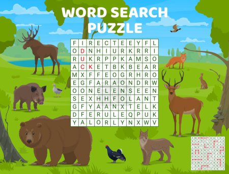 Illustration for Word search puzzle game. Cartoon hunting forest animals and birds. Vector worksheet with turkey, duck, boar, goose, bear, deer, fox, hare, elk and lynx at summer wood meadow. Kids development quiz - Royalty Free Image
