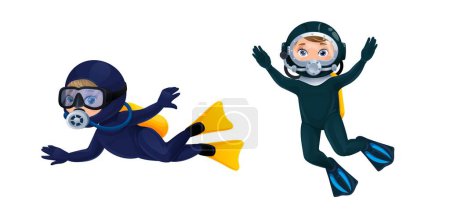 Illustration for Cartoon divers, underwater scuba diving sport vector characters. Cute boy and girl diver personages swimming in deep ocean or sea waters with diving mask, helmet, wetsuits, flippers and gloves - Royalty Free Image