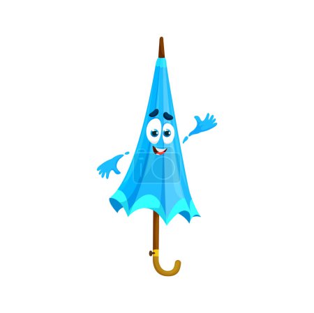 Illustration for Cartoon blue azure umbrella character. Whimsical amusing vector folded parasol with grinning face waving hand, expressing happy emotions and feelings. Isolated gingham personage for climate forecast - Royalty Free Image