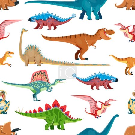 Cartoon dinosaur comic characters seamless pattern. Fabric backdrop, textile vector print pattern with Triceratops, Brontosaurus, Ankylosaurus and Tyrannosaur, Pterodactyl, Spinosaurus cute dinosaurs