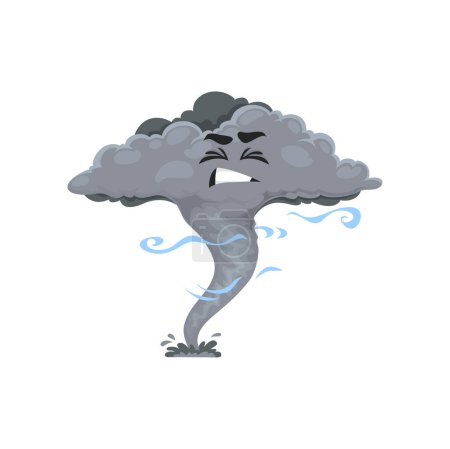 Illustration for Cartoon tornado character, storm, whirlwind twister, cyclone personage. Vector funnel with funny face. Weather forecast, web design element, hurricane vortex, isolated swirl or twist whirl - Royalty Free Image