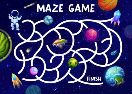 Illustration for Space labyrinth maze help to astronaut find rocket and Earth planet. Kids game puzzle vector worksheet of cartoon galaxy map with tangled ways from spaceman to planets, UFO, spaceship and asteroid - Royalty Free Image
