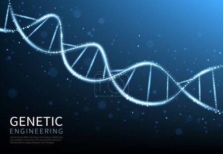 Ilustración de Glow DNA helix, cell or molecule genes abstract vector background of biotechnology, biology and genetic medicine science. Hélice de ADN en espiral cromosómica con partículas de luz de neón azul - Imagen libre de derechos