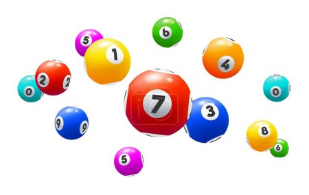 Illustration for Bingo balls, isolated 3d vector lottery, lotto or keno gambling games colourful spheres with lucky numbers of winning combination falling. Gaming leisure activity recreation, raffle, luck or win prize - Royalty Free Image