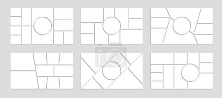 Illustration for Photo mosaic collage, vector frame templates with round, square, rectangular and trapezoidal parts for adding pictures. Photo montage composition options for combining images or moodboard isolated set - Royalty Free Image