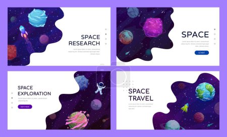 Illustration for Space landing page with galaxy planets, spaceship, astronaut and asteroids. Vector web banners with cosmonaut and shuttles flying in Universe with stars and comets in alien world, colonization mission - Royalty Free Image