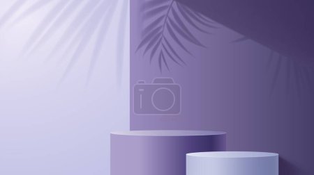 Téléchargez les illustrations : Cosmétiques podium violet sur fond mural avec des feuilles de palmier ombres. Présentoir ou plate-forme vectoriel 3D, socle de cylindre ou scène pour la présentation de produits cosmétiques, maquette de podium de studio de beauté - en licence libre de droit