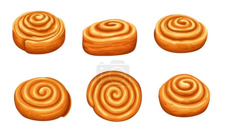 Illustration for Cinnamon roll buns, sweet pastry made with rolled dough, cinnamon, sugar, and butter. Isolated vector set of baked golden brown doughy dessert with spiral shape. Homemade or cafe breakfast or snack - Royalty Free Image