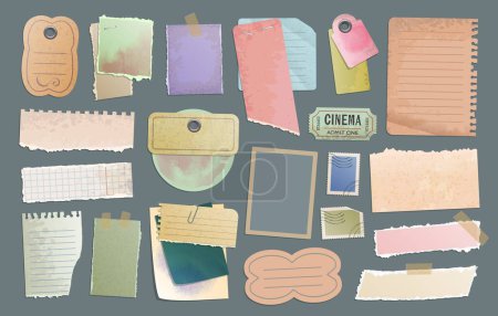Illustration for Vintage scrapbooking paper, notes, stickers, tags, tickets. Vector set of to do list or memo messages, notepads and blank torn sheets in retro antique style. Notepaper, reminder, scrapbook memo notice - Royalty Free Image