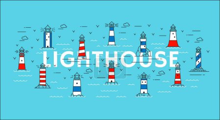 Illustration for Line sea lighthouses and beacons with waves and beams, vector nautical navigation and travel themes. Outline ocean beach safety towers or light houses with blue, red and white striped pattern - Royalty Free Image