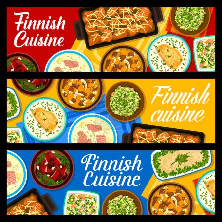 Illustration for Finnish food restaurant meals banners. Mushroom salad, karelian meat stew Karjalanpaisti and smoked salmon salad, soup Lohikeitto, herring potato forshmak and salmon casserole, pea soup, reindeer stew - Royalty Free Image