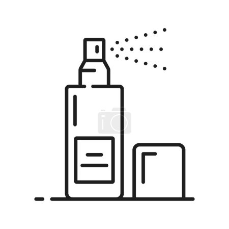Illustration for Spray bottle icon, cosmetic container for face and skin care, vector line pictogram. Sanitizer spray, facial wash cleanser or hair conditioner, serum or face micellar water moisturizer bottle icon - Royalty Free Image