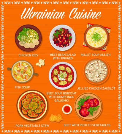 Téléchargez les illustrations : Menu de cuisine ukrainienne avec repas et plats pour le dîner et le déjeuner, affiche vectorielle. Menu gastronomique ukrainien avec soupe de betterave bortsch et boulettes, ragoût de légumes de porc et poulet Kiev - en licence libre de droit
