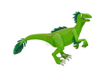 Cartoon raptor dinosaur character. Isolated vector velociraptor dino with feathers and green skin. Genus of small dromaeosaurid carnivorous reptile that lived in asia during the late Cretaceous Period