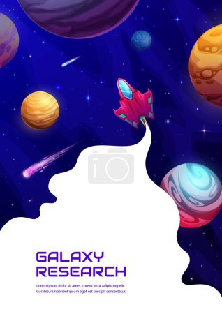 Illustration for Landing page space. Cartoon starship in starry galaxy. Space planets, asteroid and stars on business project web page layout, startup launch social media homepage vector template, company banner - Royalty Free Image