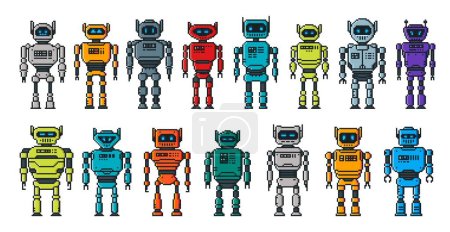 Ilustración de Personajes robot de píxeles, dibujos animados android cyborgs y robots androides robóticos, vector de 8 bits. Robots de píxeles y juguetes transformadores o máquinas espaciales electrónicas con caras de pantalla para activos de juego arcade - Imagen libre de derechos