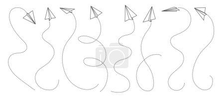 Téléchargez les illustrations : Lignes aériennes en papier, transport aérien vectoriel. Décrivez des avions origami volant avec des pistes de vol de lignes pointillées. Isolé ligne mince plié jouets d'avion en papier, avions origami, avions et planeurs - en licence libre de droit