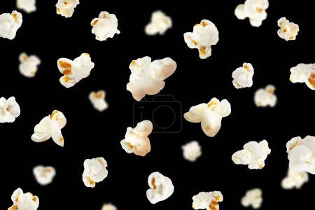 Illustration for Realistic flying popcorn background, vector pop corn snack food. 3d background with popped kernels of corn or maize falling down on black backdrop. Cinema, movie theater or entertainment themes - Royalty Free Image