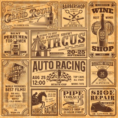 Illustration for Vintage newspaper banners, old advertising magazine or journal page vector template. Retro news print paper poster with barbershop, circus, car and horse racing, cinema or movie theater advertising - Royalty Free Image
