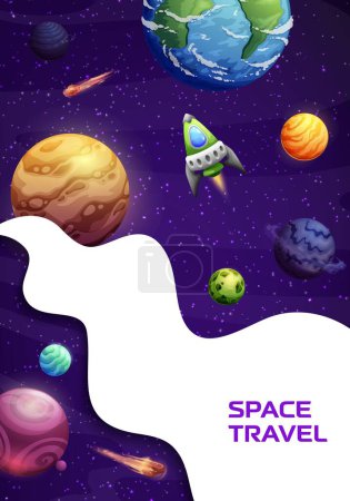 Illustration for Space landing page. Paper cut galaxy, planets and rocket website vector template of business project launch or start up. Cartoon space landscape with spaceship on starry sky background, landing page - Royalty Free Image