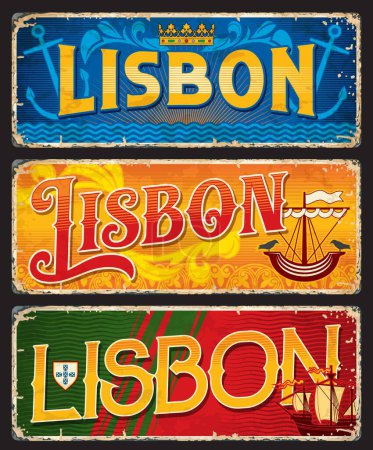 Téléchargez les illustrations : Autocollants de voyage Lisbonne et plaques avec des symboles héraldiques vectoriels du Portugal. Armoiries du Portugal et de Lisbonne, drapeau portugais et couronne d'or plaques métalliques rouillées avec motif carrelage azulejo fond - en licence libre de droit
