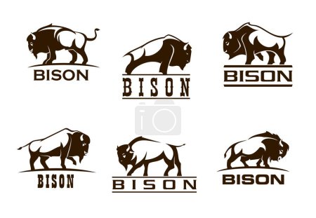 Ilustración de Bisonte símbolos de búfalo para empresa, negocio corporativo o marca, vector de buey iconos. Silueta de búfalo bisonte de toro salvaje con pezuña levantada para corporación, deporte, tienda militar o de caza - Imagen libre de derechos