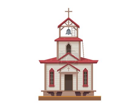 Illustration for Western, Wild West catholic church, town building or old chapel, vector religious architecture. Western country or Wild West American building facade, Christian church or wooden parish chapel - Royalty Free Image