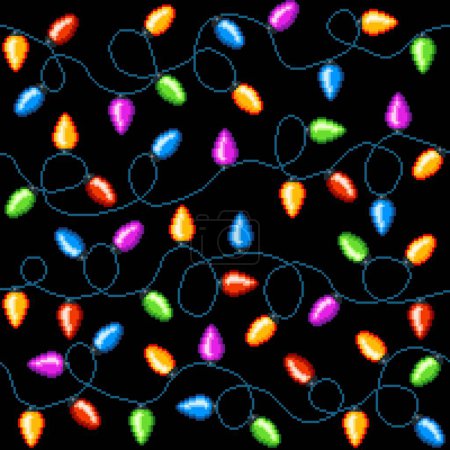 Ilustración de Navidad pixel luces patrón sin costuras o invierno vacaciones guirnalda vector fondo. Luces de Navidad en patrón de píxeles de 8 bits, decoración de Navidad de bombillas brillantes de colores para el fondo de Año Nuevo - Imagen libre de derechos
