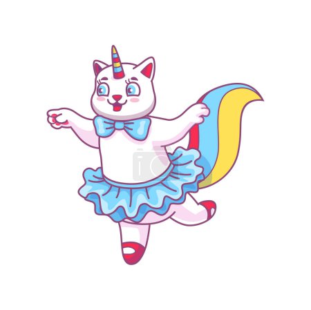Illustration for Cute cartoon caticorn dancing character, cat unicorn or funny kitty, vector animal. Cheerful caticorn or kitty unicorn happy dance in ballerina skirt, baby kitten pet or magic princess caticorn - Royalty Free Image