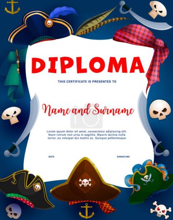 Illustration for Kids diploma. Cartoon pirate hats and tricorn, sabers and skulls with crossbones vector certificate or award on vintage scroll. Pirate captain and sailor diploma for preschool education achievement - Royalty Free Image