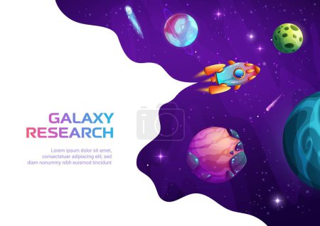 Illustration for Space landing page. Rocket spaceship in outer space of cartoon galaxy with fantasy planets, stars and asteroids. Vector website page template of business start up, astronomy science web banner - Royalty Free Image